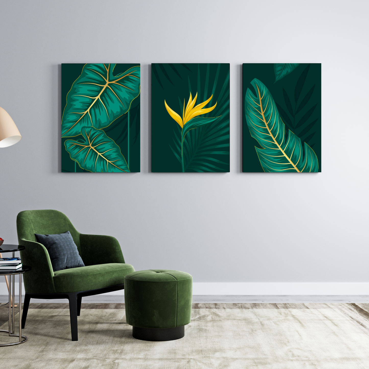 Set Of 3 Green Flowers Wall Art Wooden Frames