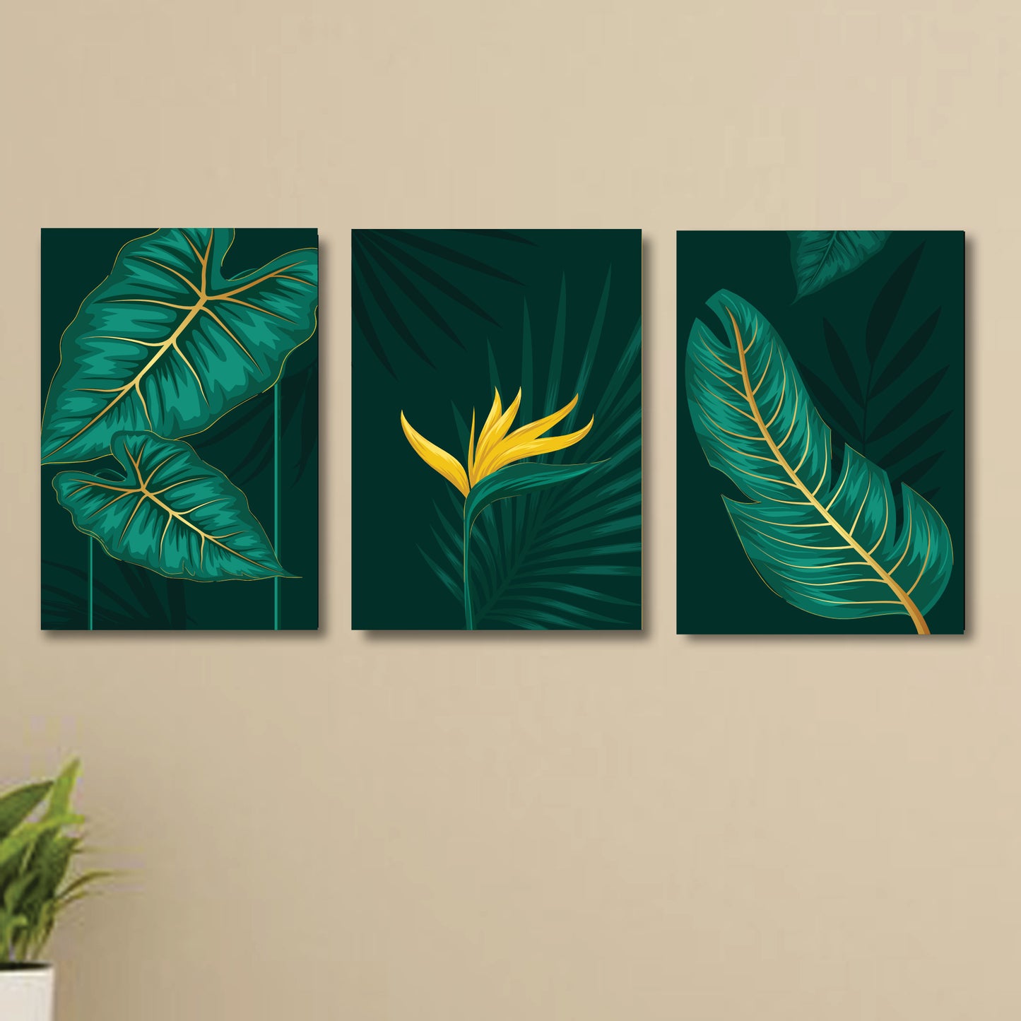 Set Of 3 Green Flowers Wall Art Wooden Frames
