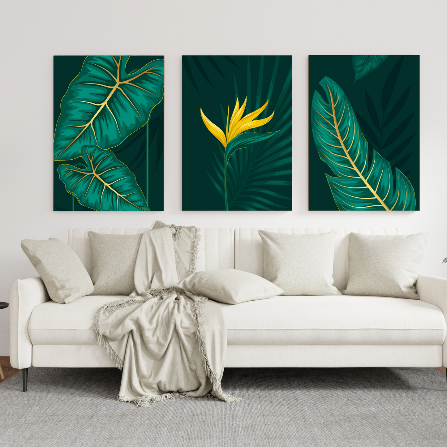 Set Of 3 Green Flowers Wall Art Wooden Frames