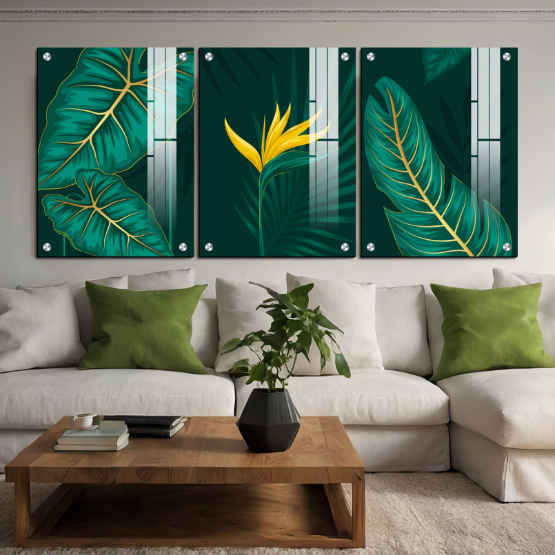 Set Of 3 Green Flowers Wall Art Wooden Frames