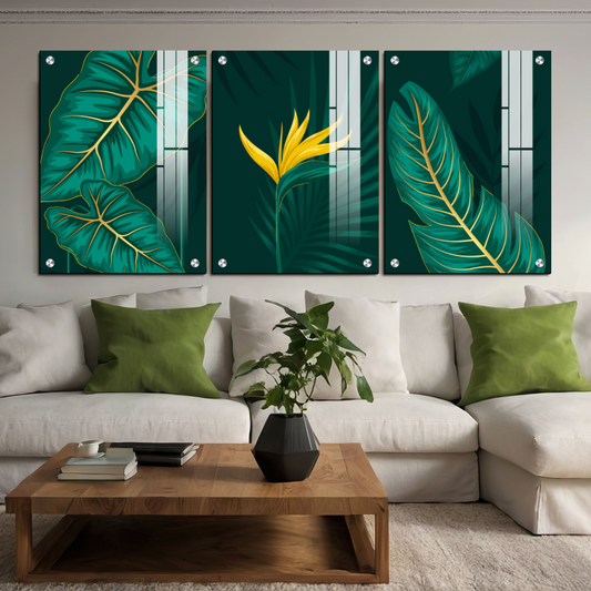 Set Of 3 Green Flowers Wall Art Wooden Frames