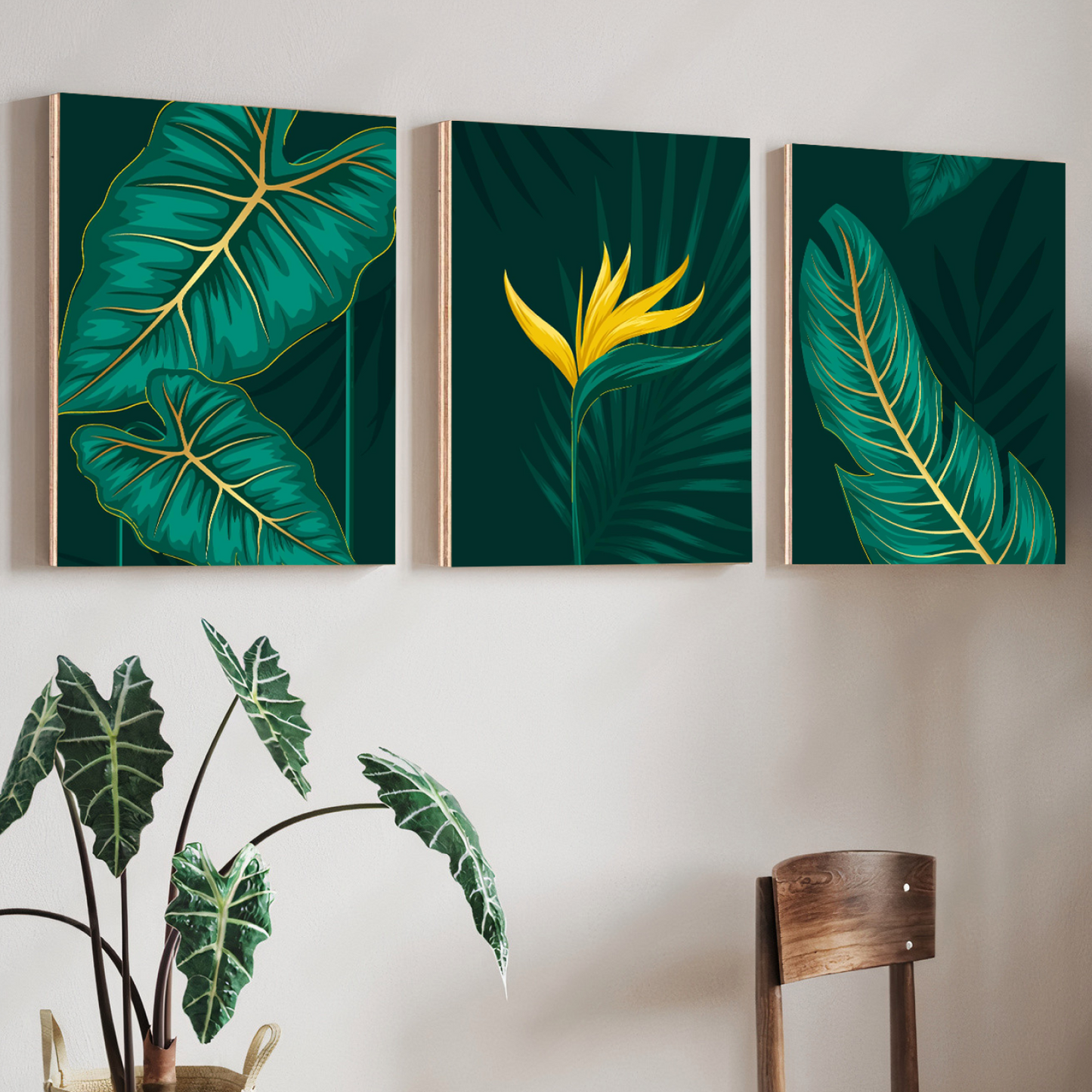Set Of 3 Green Flowers Wall Art Wooden Frames