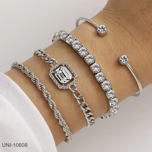 Classy Diamond & Silver Chain - Bracelet Set of 4